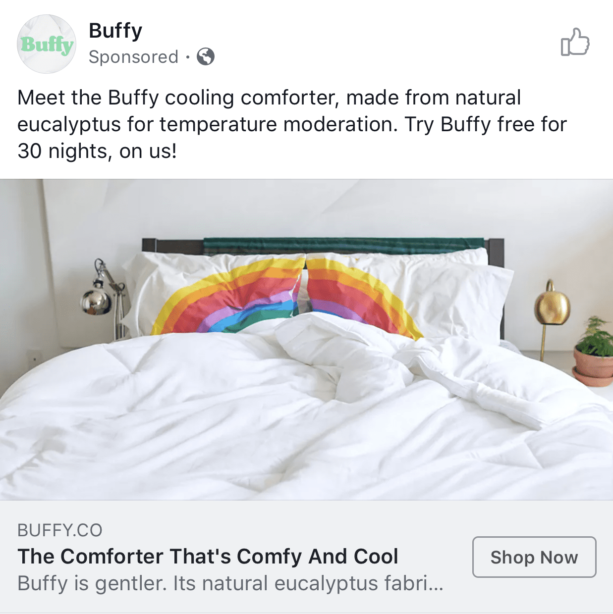 Buffy advertisement with rainbow pillowcases