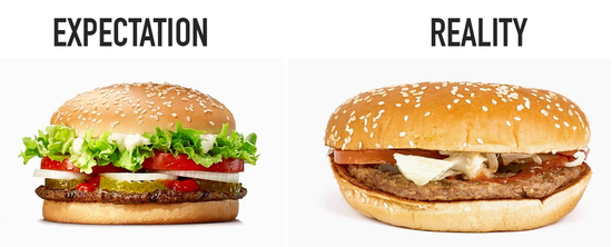 fancy advertising burger vs the burger you really get in store