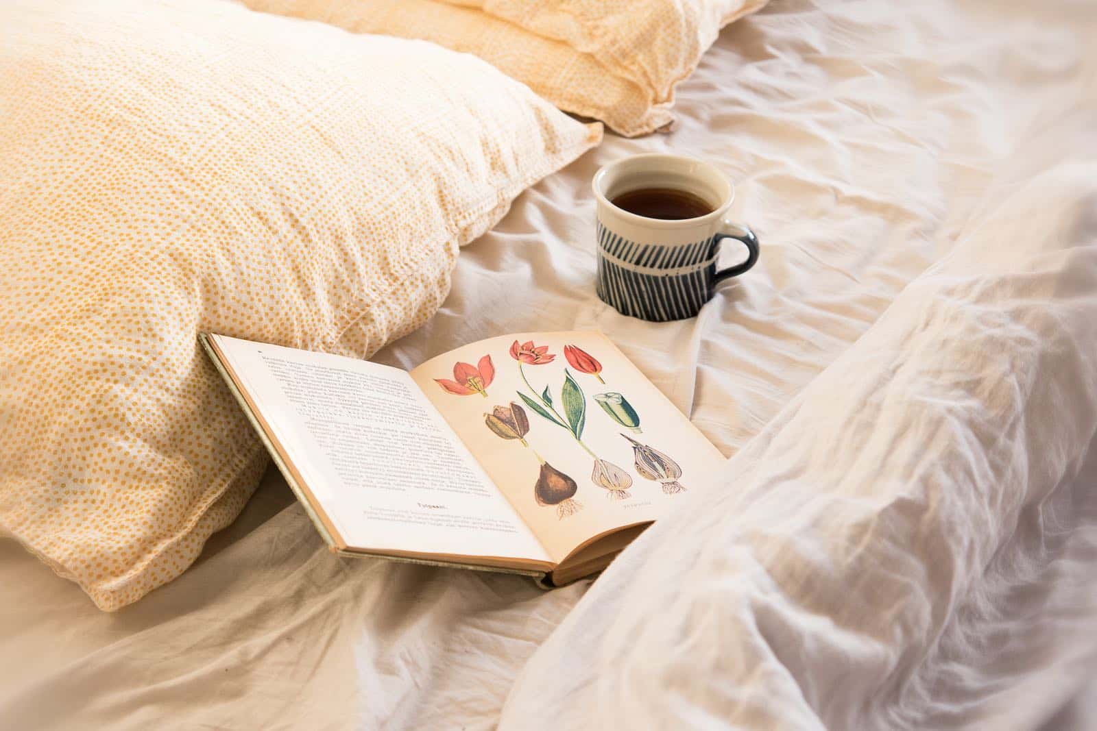 coffee and book in bed