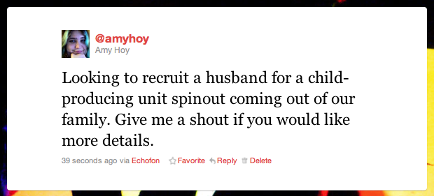 Parody tweet I made\: \"Looking to recruit a husband  for a child\-producing unit spinout coming out of our family\"