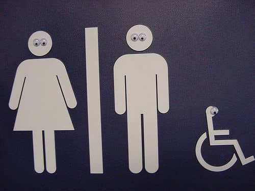 restroom sign with googly eyes