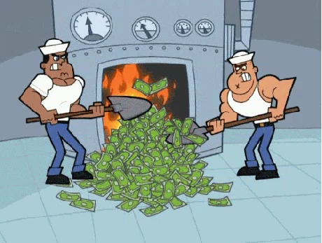 cartoon people shoveling money into fire